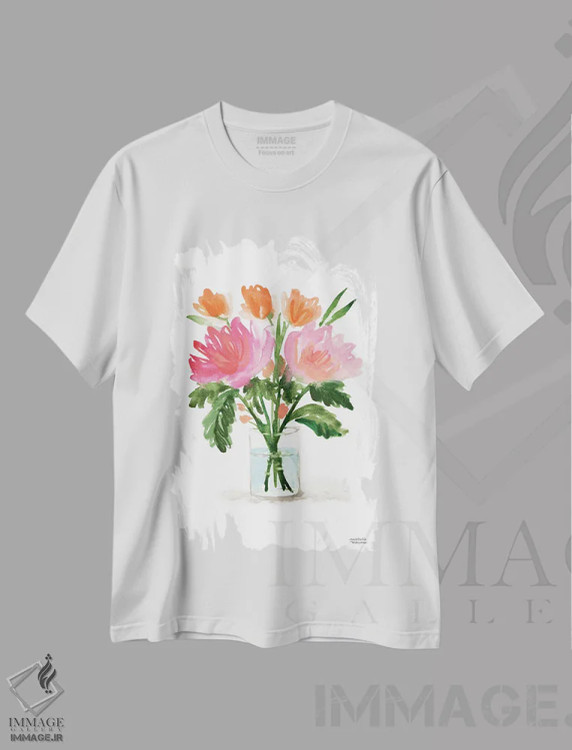 تیشرت سفید طرح دار – تیشرت هنری ,زندگی بی جان دسته گل نقاشی سوم آبرنگ اثر میشل موسپنس فروشگاه ایماژ