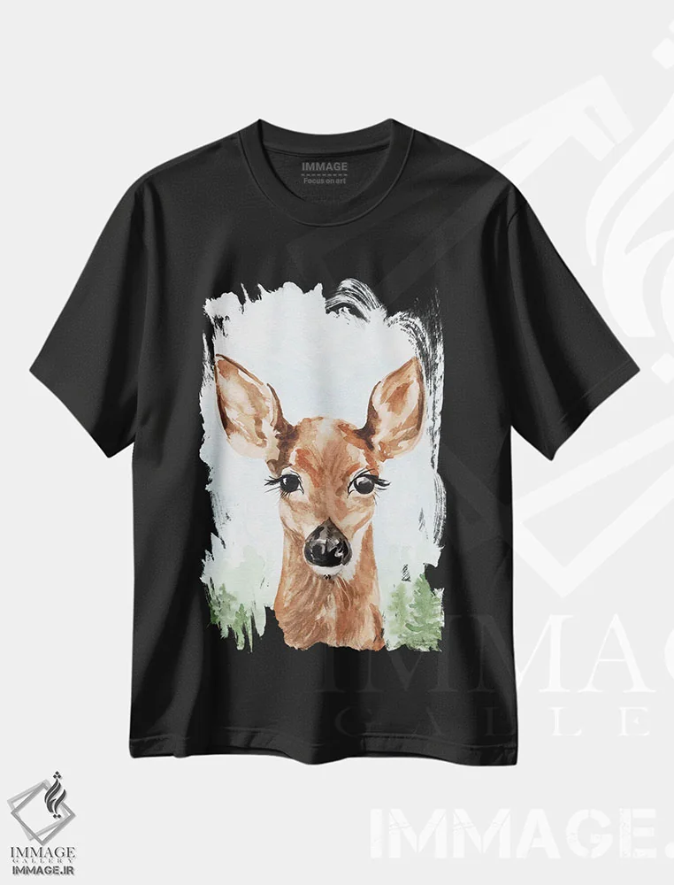 تیشرت مشکی طرح دار – تیشرت هنری ,بچه آهو آبرنگ اثر میشل موسپنس immage.ir