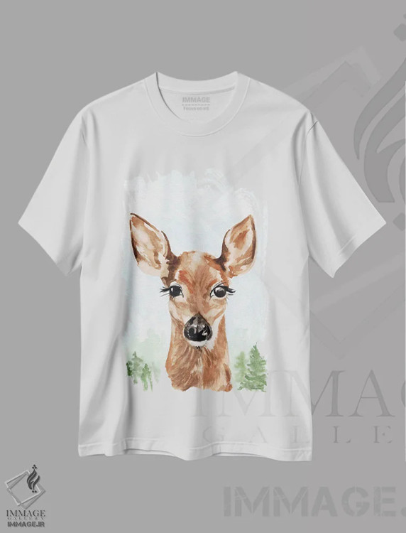 تیشرت سفید طرح دار – تیشرت هنری ,بچه آهو آبرنگ اثر میشل موسپنس فروشگاه ایماژ