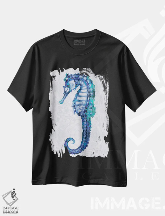 تیشرت مشکی طرح دار – تیشرت دریایی ,اسب دریایی اول اثر ملونی میلر فروشگاه ایماژ