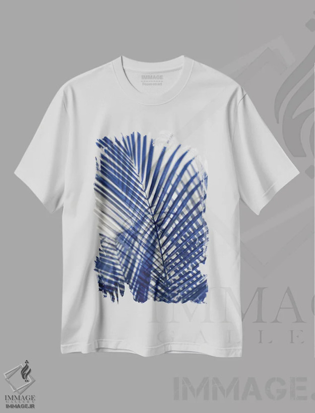 تیشرت سفید طرح دار – تیشرت گیاهی ,سایه های نخل آبی اول اثر ملونی میلر فروشگاه ایماژ
