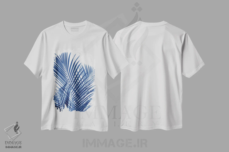 تیشرت سفید طرح دار – تیشرت گیاهی ,سایه های نخل نیلی اول اثر ملونی میلر فروشگاه ایماژ