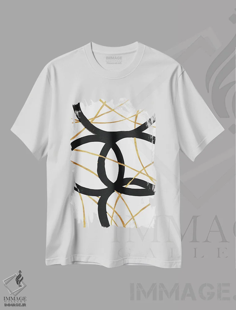 تیشرت سفید طرح دار – تیشرت مینیمال ,خط های سیاه و طلایی اول اثر مگان موریس فروشگاه ایماژ