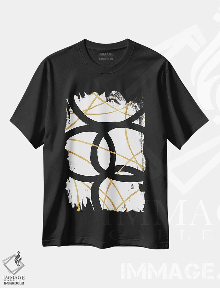تیشرت مشکی طرح دار – تیشرت مینیمال ,خط های سیاه و طلایی اول اثر مگان موریس immage.ir