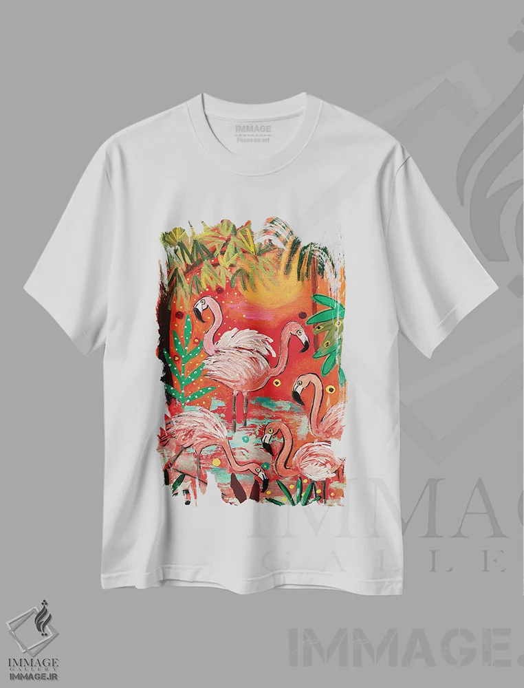 تیشرت سفید طرح دار – تیشرت حیوانات ,"فلامینگوها" اثر ماگالی مودوکس فروشگاه ایماژ