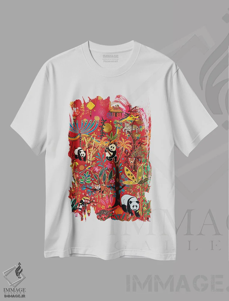 تیشرت سفید طرح دار – تیشرت حیوانات ,"دنیای پاندا" اثر ماگالی مودوکس immage.ir