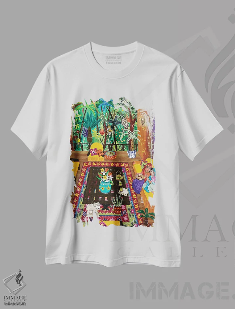 تیشرت سفید طرح دار – تیشرت پرتره زنانه ,"بالای باغ مهاراجه" اثر ماگالی مودوکس فروشگاه ایماژ