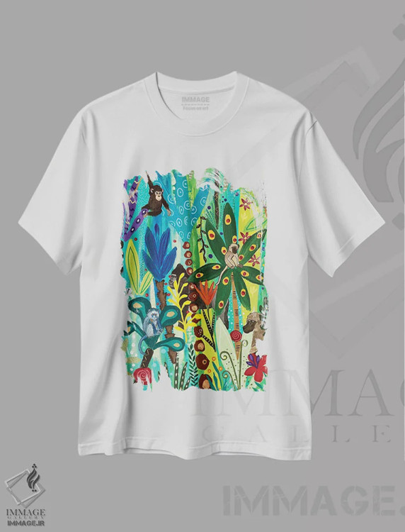 تیشرت سفید طرح دار – تیشرت حیوانات ,"قایم موشک با میمون ها" اثر ماگالی مودوکس فروشگاه ایماژ