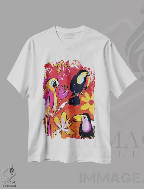تیشرت سفید طرح دار – تیشرت طبیعت ,"راپسودی پرندگان گرمسیری" اثر ماگالی مودوکس فروشگاه ایماژ