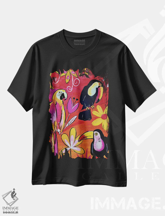 تیشرت مشکی طرح دار – تیشرت طبیعت ,"راپسودی پرندگان گرمسیری" اثر ماگالی مودوکس immage.ir