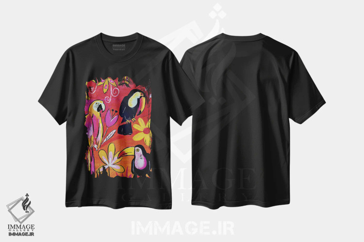 تیشرت مشکی طرح دار – تیشرت طبیعت ,"راپسودی پرندگان گرمسیری" اثر ماگالی مودوکس immage.ir