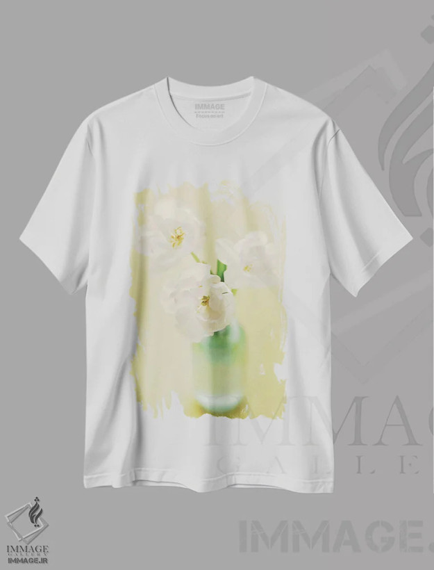 تیشرت سفید طرح دار – تیشرت گیاهان ,لاله ها اثر مندی لین فروشگاه ایماژ