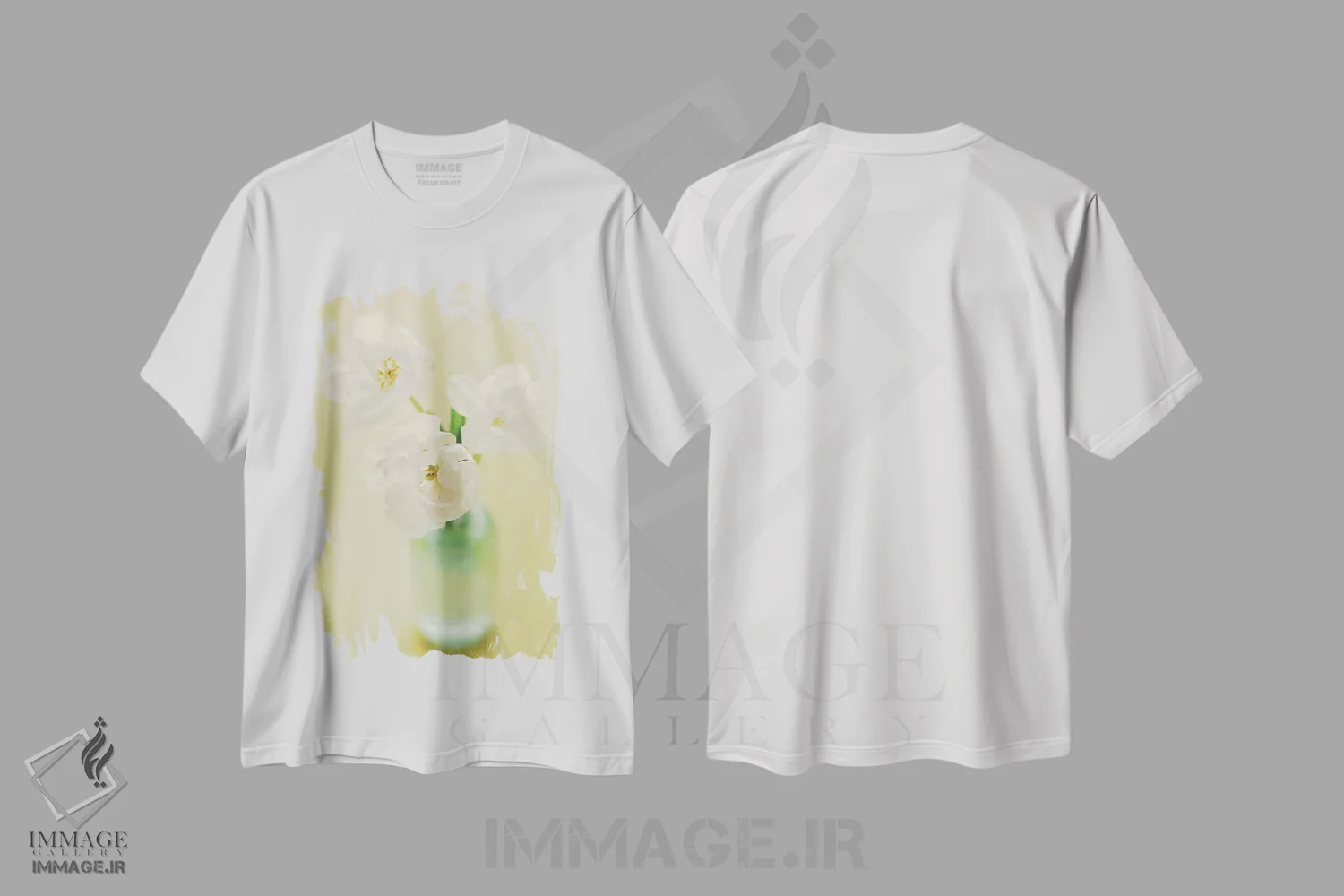 تیشرت سفید طرح دار – تیشرت گیاهان ,لاله ها اثر مندی لین فروشگاه ایماژ