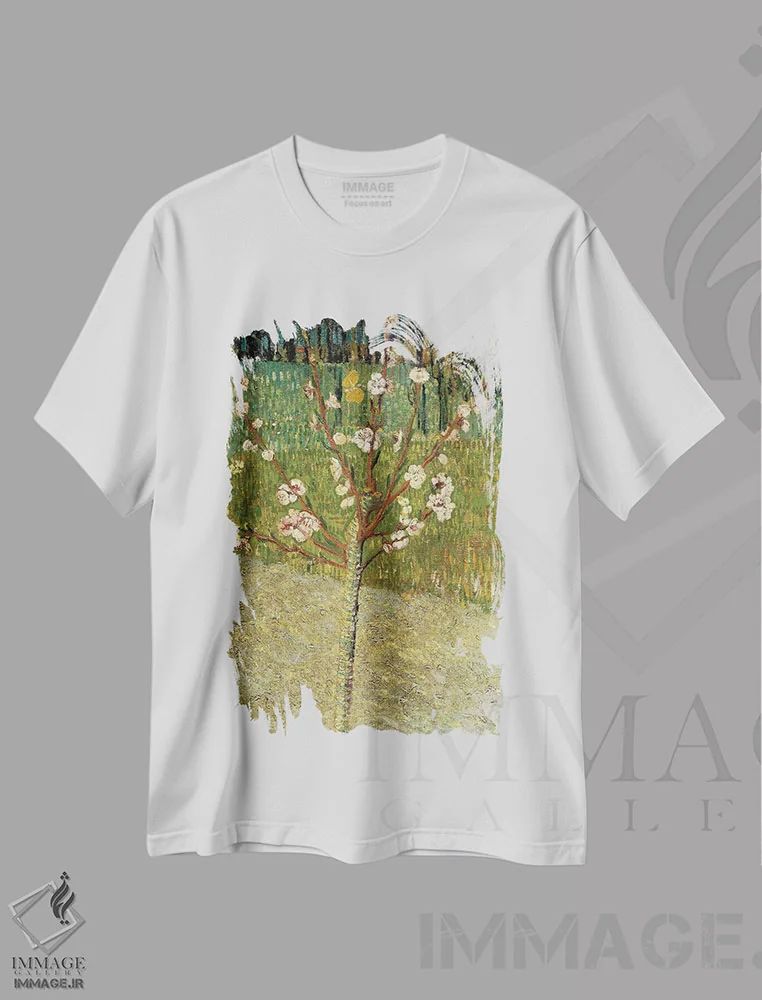 تیشرت سفید طرح دار – تیشرت هنری ,درخت بادام در گل، اثر ونسان ون گوگ immage.ir