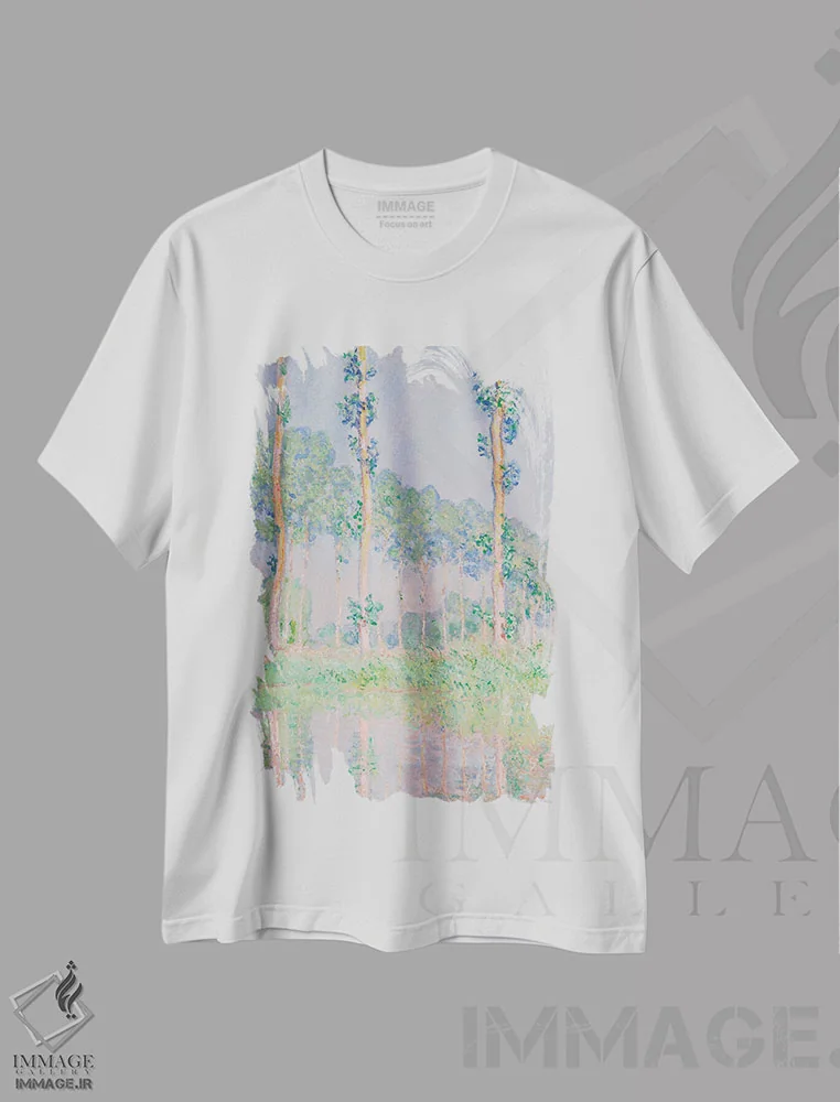 تیشرت سفید طرح دار – تیشرت هنری ,درختان صنوبر با جلوه صورتی، اثر کلود مونه فروشگاه ایماژ