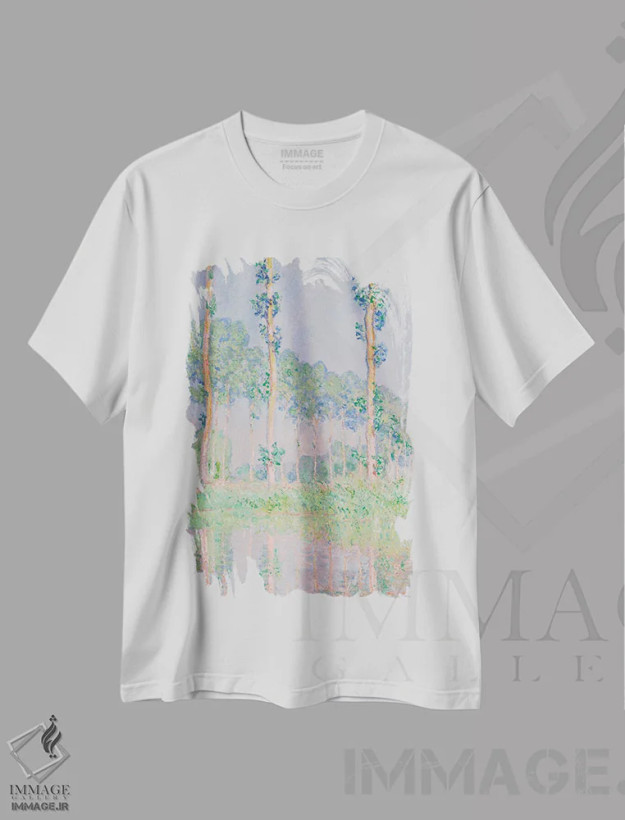 تیشرت سفید طرح دار – تیشرت هنری ,درختان صنوبر با جلوه صورتی، اثر کلود مونه فروشگاه ایماژ