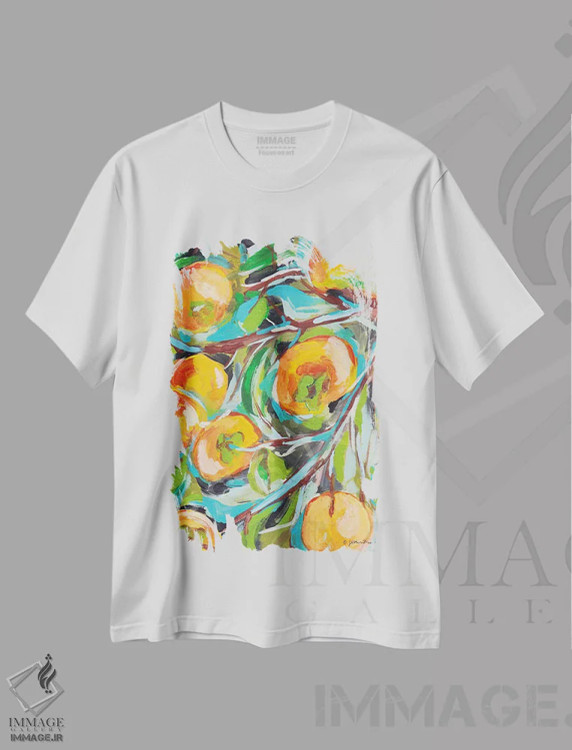 تیشرت سفید طرح دار – تیشرت هنری ,خرمالو اثر جسیکا مینگو immage.ir