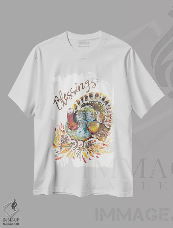 تیشرت سفید طرح دار – تیشرت هنری ,برکات بوقلمون اثر جسیکا مینگو immage.ir