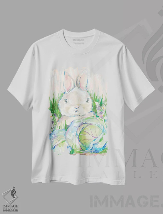 تیشرت سفید طرح دار – تیشرت طبیعت ,خرگوش در باغچه کلم اثر جسیکا مینگو immage.ir
