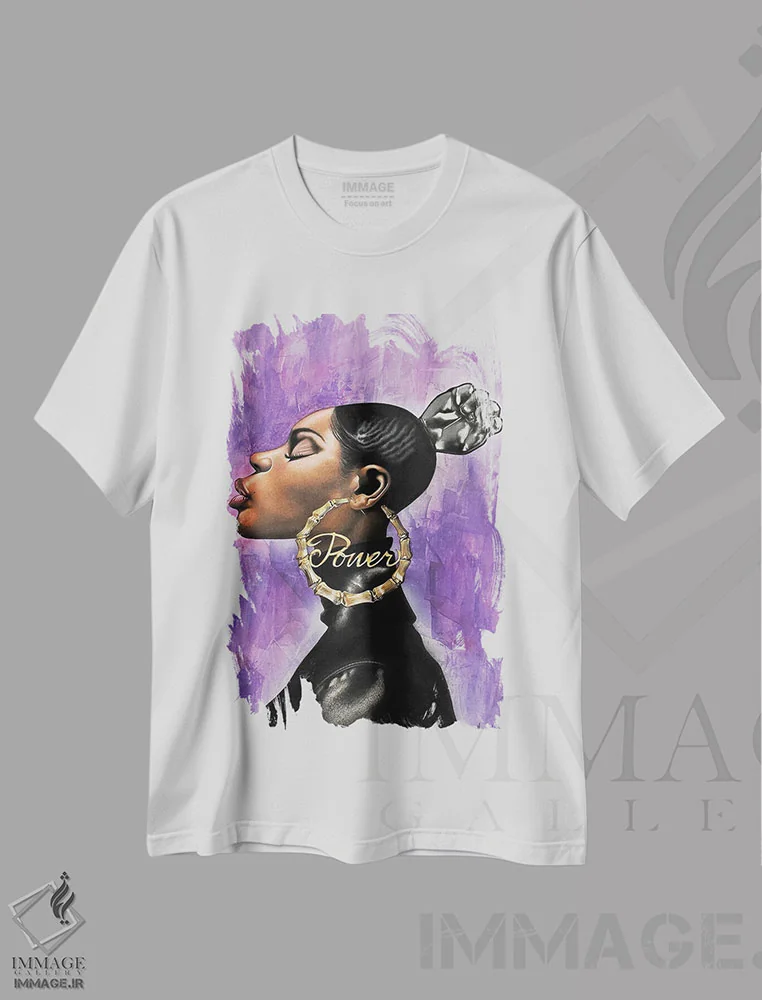 تیشرت سفید طرح دار – تیشرت کاریکاتوری ,"قدرت" اثر ماناسه جانسون immage.ir