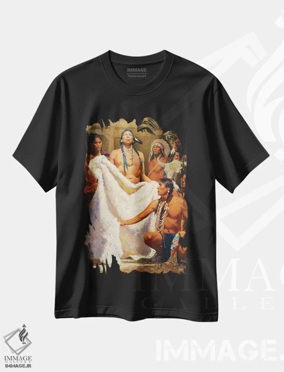 تیشرت مشکی طرح دار – تیشرت هنری بومی ,"ردای بوفالوی سفید " اثر دیوید من فروشگاه ایماژ