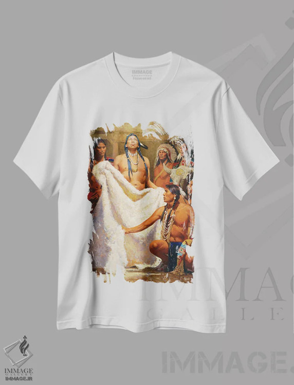 تیشرت سفید طرح دار – تیشرت هنری بومی ,"ردای بوفالوی سفید " اثر دیوید من immage.ir