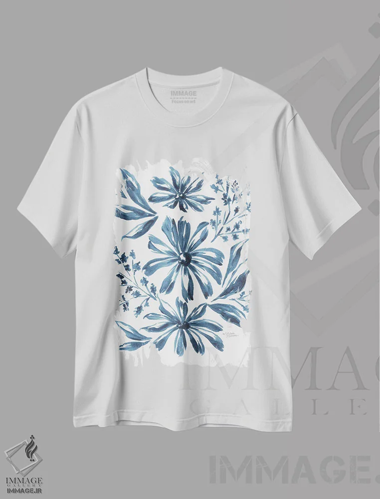 تیشرت سفید طرح دار – تیشرت آبرنگی ,مروارید آبی اثر میشل نورمن immage.ir