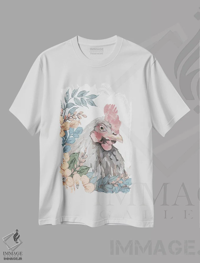 تیشرت سفید طرح دار – تیشرت حیوانات مزرعه ,مرغ در باغ اثر میشل نورمن immage.ir
