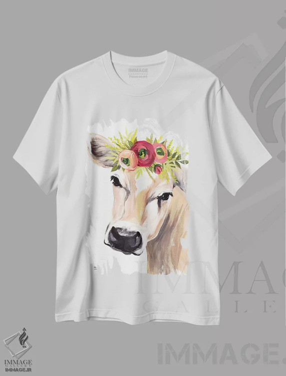 تیشرت سفید طرح دار – تیشرت حیوانات مزرعه ,گاو جرسی با تاج گل اثر میشل نورمن فروشگاه ایماژ