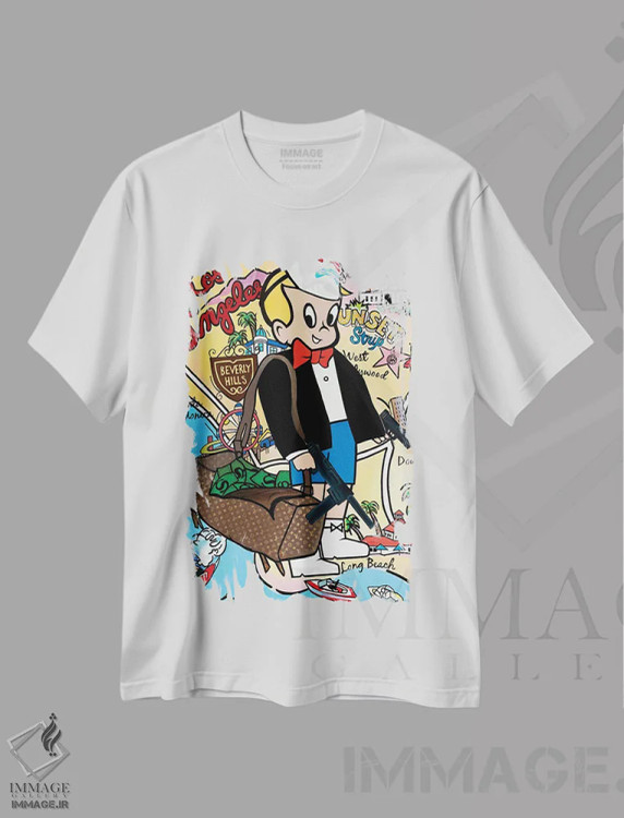 تیشرت سفید طرح دار – تیشرت پاپ آرت ,سرقت بانک اثر مونوپولی شیطانی immage.ir