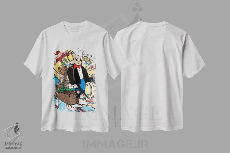 تیشرت سفید طرح دار – تیشرت پاپ آرت ,سرقت بانک اثر مونوپولی شیطانی immage.ir