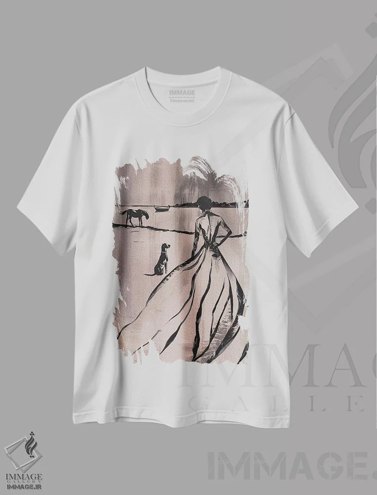 تیشرت سفید طرح دار – تیشرت هنری ,زن در کنار دریاچه اثر آندریاس ماگنوسون فروشگاه ایماژ