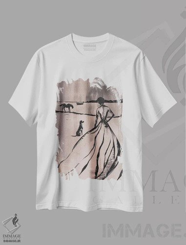 تیشرت سفید طرح دار – تیشرت هنری ,زن در کنار دریاچه اثر آندریاس ماگنوسون فروشگاه ایماژ