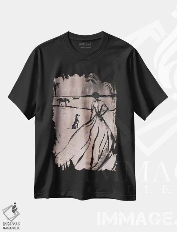 تیشرت مشکی طرح دار – تیشرت هنری ,زن در کنار دریاچه اثر آندریاس ماگنوسون immage.ir