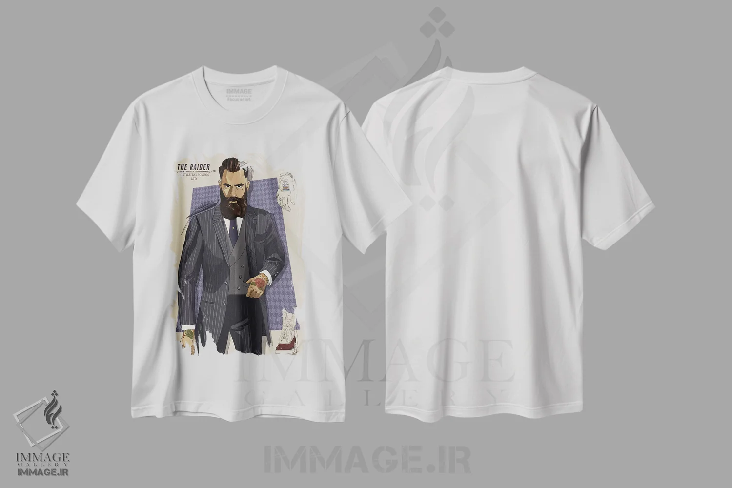 تیشرت سفید طرح دار – تیشرت هنری ,یورش گر اثر فایو بای فایو کالکتیو فروشگاه ایماژ