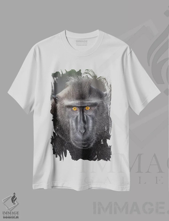 تیشرت سفید طرح دار – تیشرت طبیعت ,تماس چشمی ماکاک تاج دار سیاه آلفا اثر موگنس تروله immage.ir