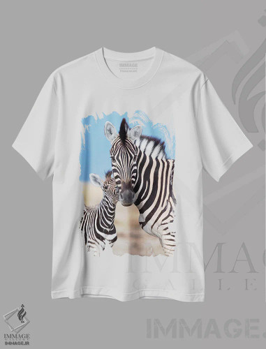 تیشرت سفید طرح دار – تیشرت طبیعت ,مادر و کره گورخر اثر موگنس تروله فروشگاه ایماژ