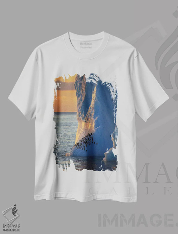 تیشرت سفید طرح دار – تیشرت طبیعت ,پنگوئن های چانه بند روی برج یخی جنوبگان اثر موگنس تروله فروشگاه ایماژ