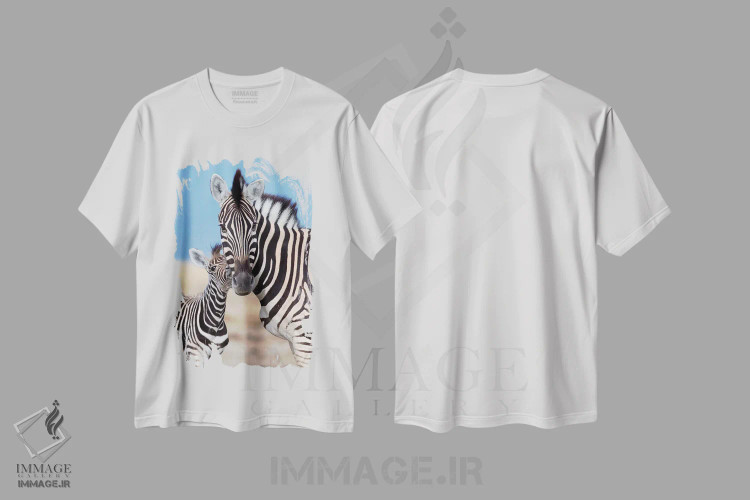 تیشرت سفید طرح دار – تیشرت طبیعت ,مادر و کره گورخر اثر موگنس تروله فروشگاه ایماژ