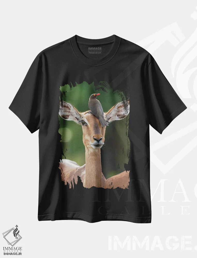 تیشرت مشکی طرح دار – تیشرت طبیعت ,ایمپالا و پرنده اُکس پکر اثر موگنس تروله فروشگاه ایماژ