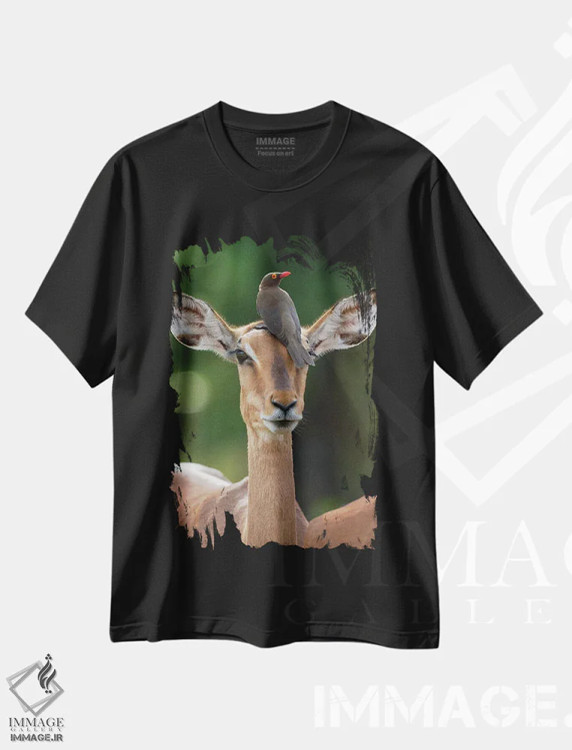 تیشرت مشکی طرح دار – تیشرت طبیعت ,ایمپالا و پرنده اُکس پکر اثر موگنس تروله فروشگاه ایماژ