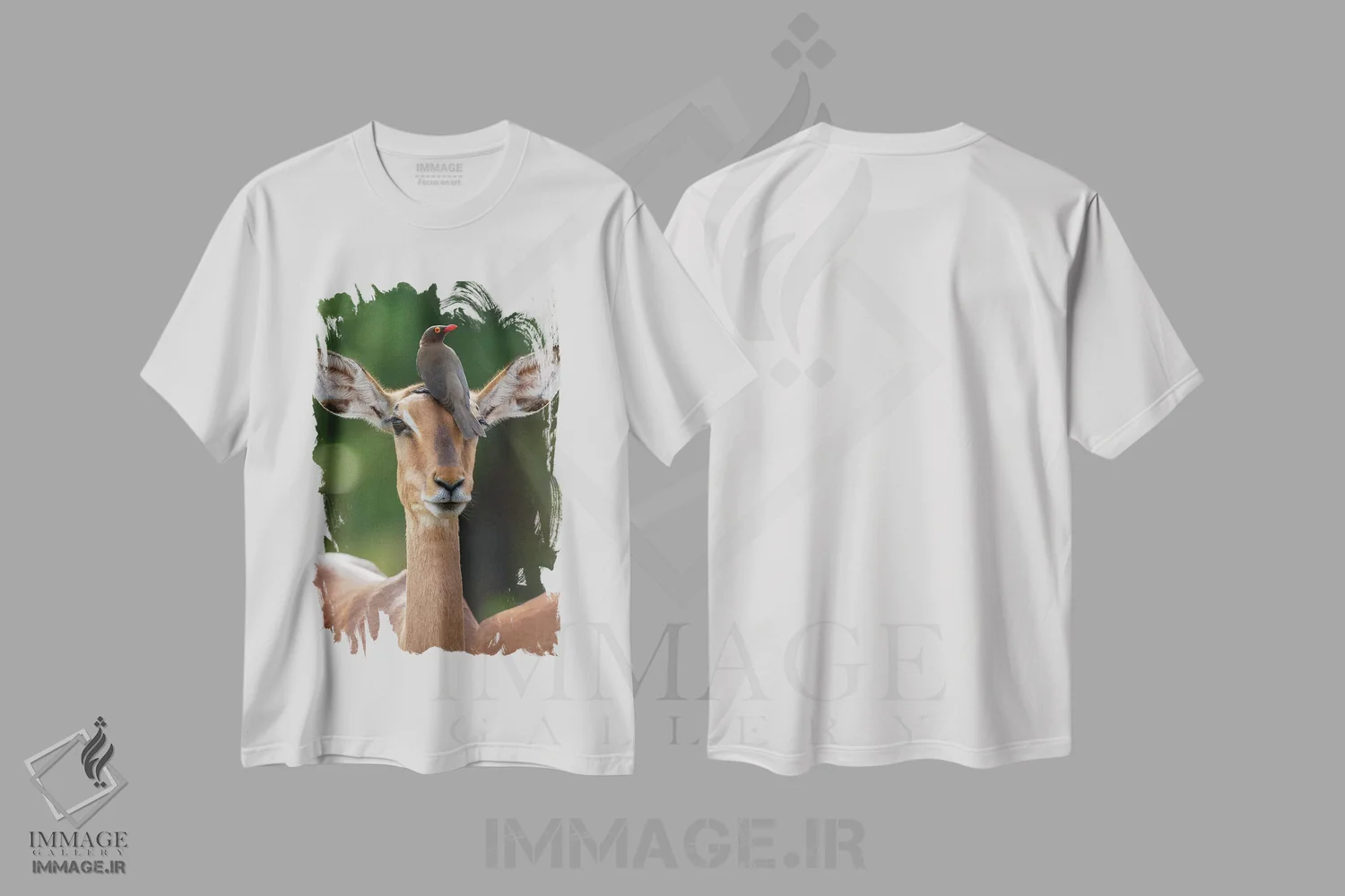 تیشرت سفید طرح دار – تیشرت طبیعت ,ایمپالا و پرنده اُکس پکر اثر موگنس تروله immage.ir