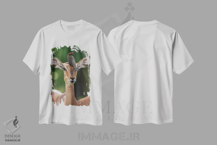 تیشرت سفید طرح دار – تیشرت طبیعت ,ایمپالا و پرنده اُکس پکر اثر موگنس تروله immage.ir