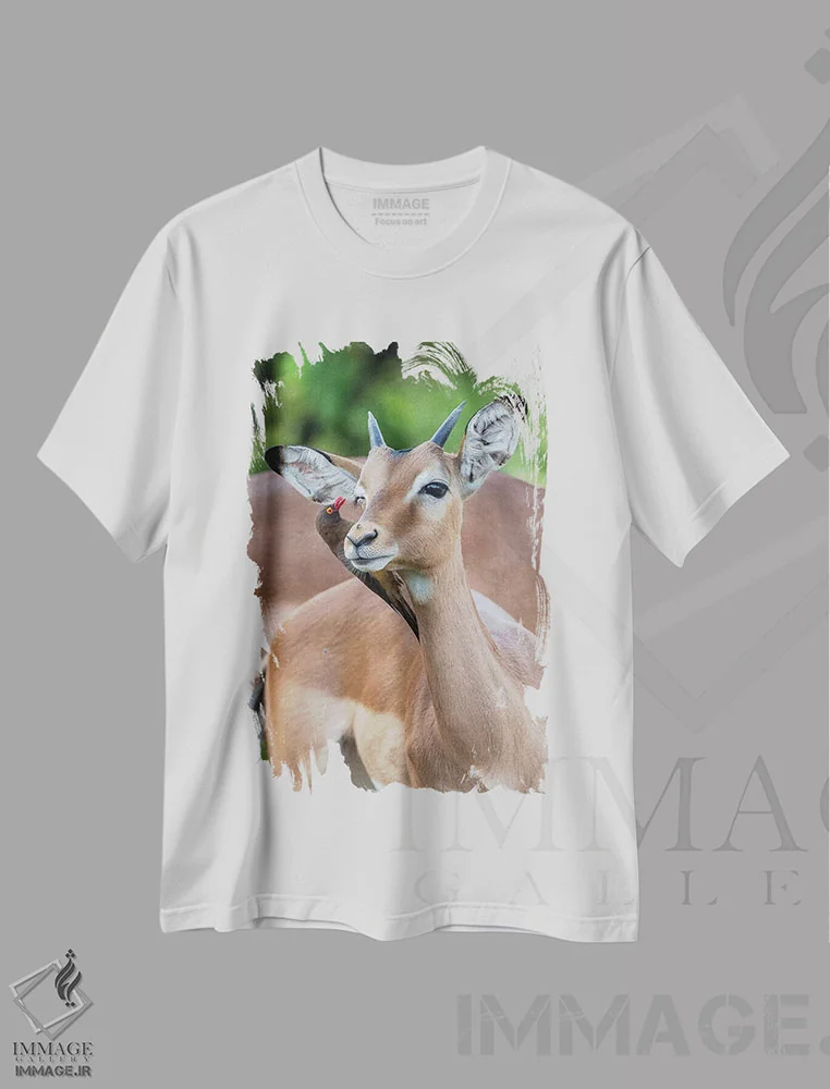 تیشرت سفید طرح دار – تیشرت حیات وحش ,ایمپالای نر جوان و اُکس پکر اثر موگنس تروله immage.ir