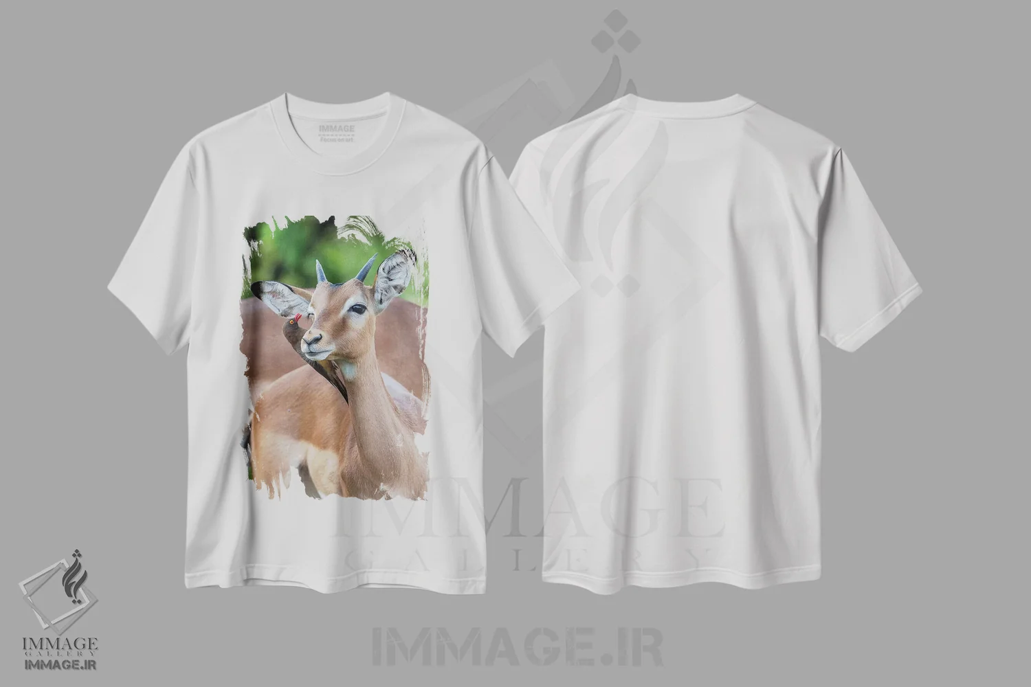تیشرت سفید طرح دار – تیشرت حیات وحش ,ایمپالای نر جوان و اُکس پکر اثر موگنس تروله immage.ir