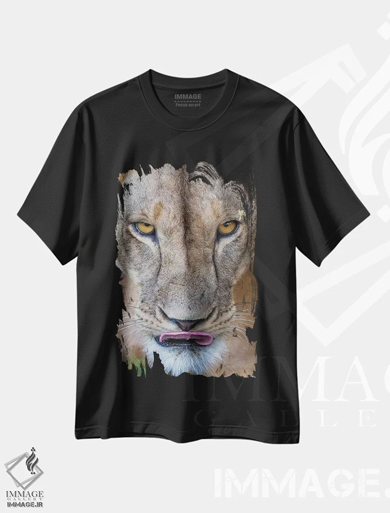 تیشرت مشکی طرح دار – تیشرت عکاسی ,شیر ماده با نگاه نافذ کنیا اثر موگنس تروله immage.ir