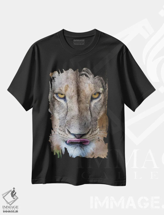 تیشرت مشکی طرح دار – تیشرت عکاسی ,شیر ماده با نگاه نافذ کنیا اثر موگنس تروله immage.ir