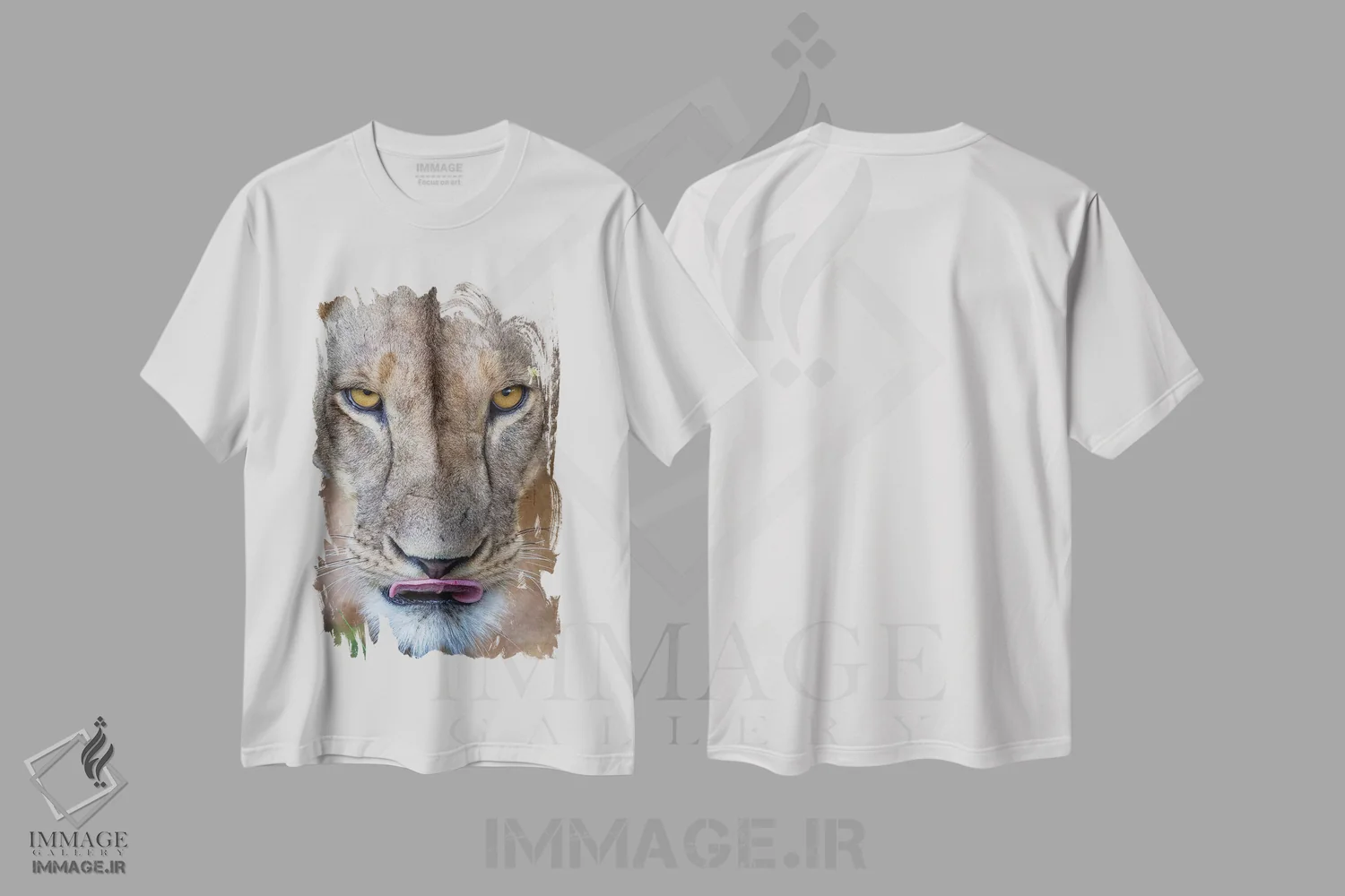 تیشرت سفید طرح دار – تیشرت عکاسی ,شیر ماده با نگاه نافذ کنیا اثر موگنس تروله فروشگاه ایماژ