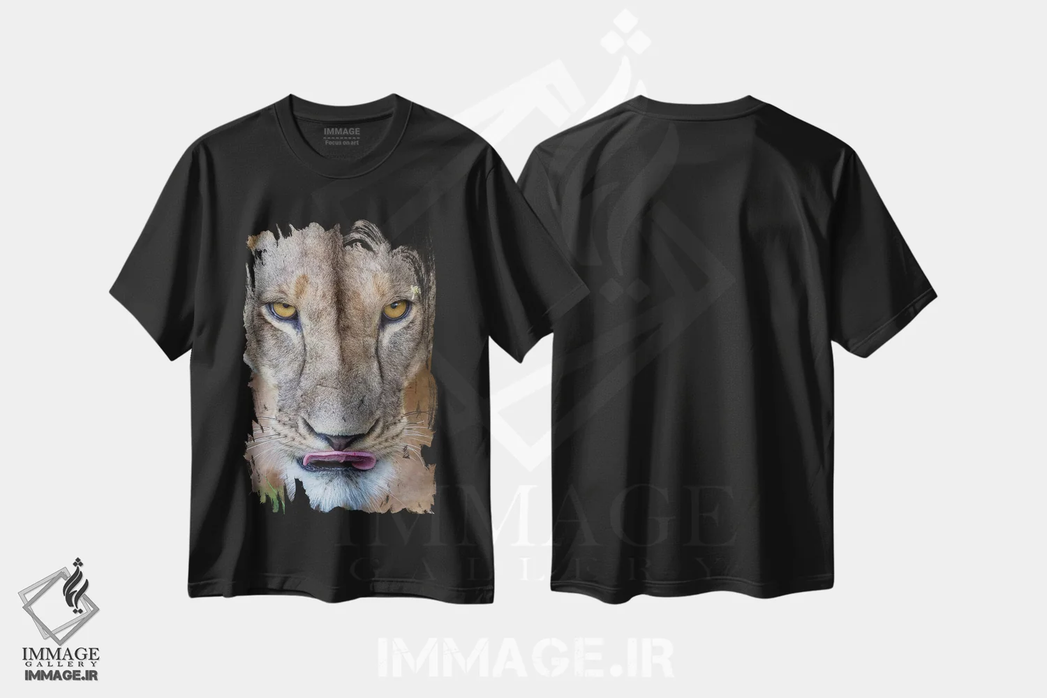 تیشرت مشکی طرح دار – تیشرت عکاسی ,شیر ماده با نگاه نافذ کنیا اثر موگنس تروله immage.ir