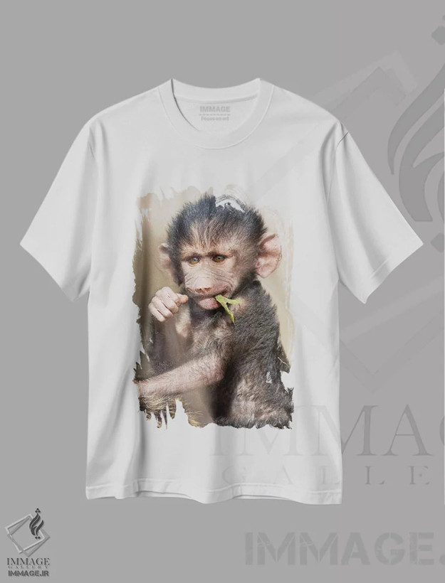 تیشرت سفید طرح دار – تیشرت حیوانات ,بچه بابون عمودی اثر موگنس تروله فروشگاه ایماژ